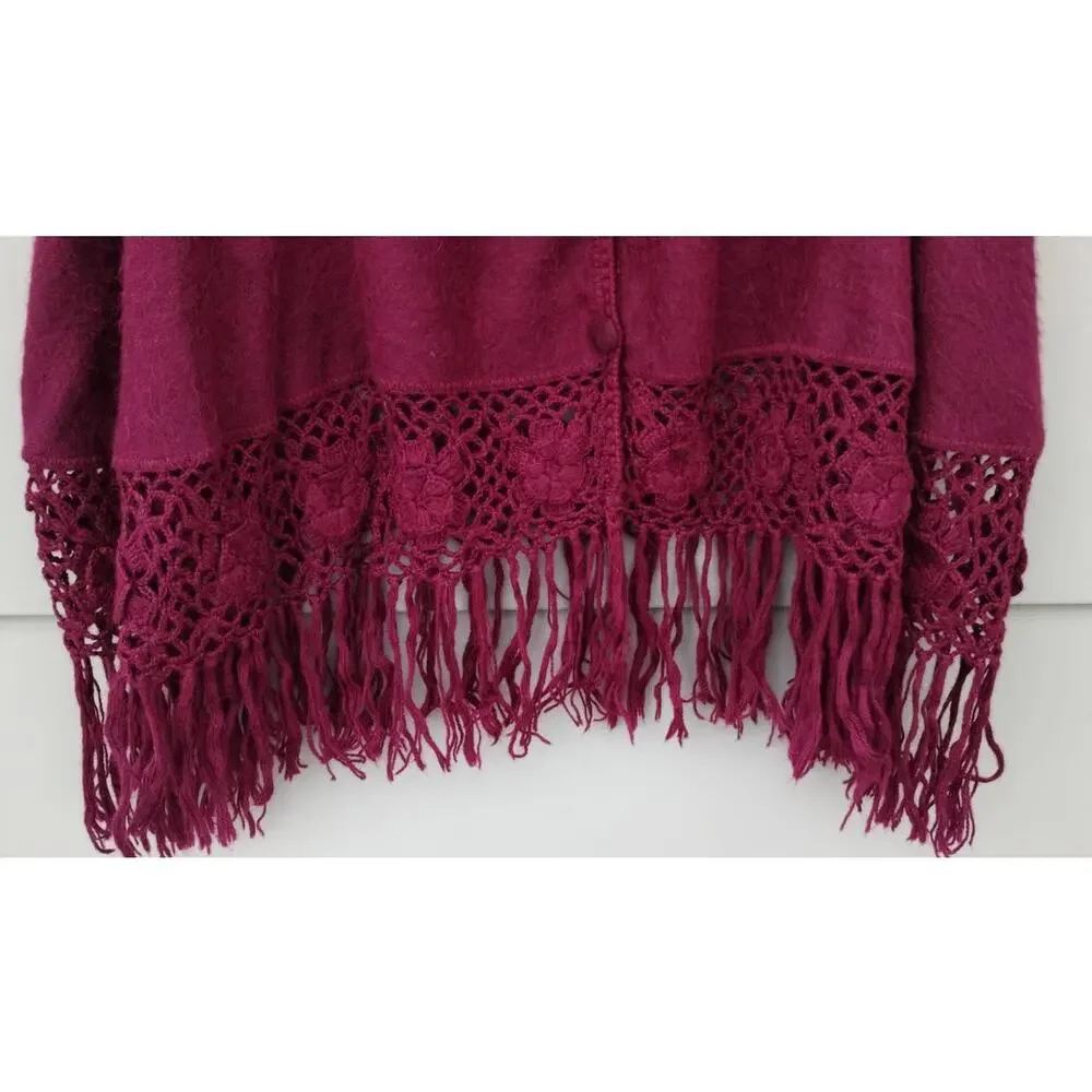 Alpaca Peru Diana Poncho Cloak Cape Crochet Fringe Brushed Rustic Burgundy O/S